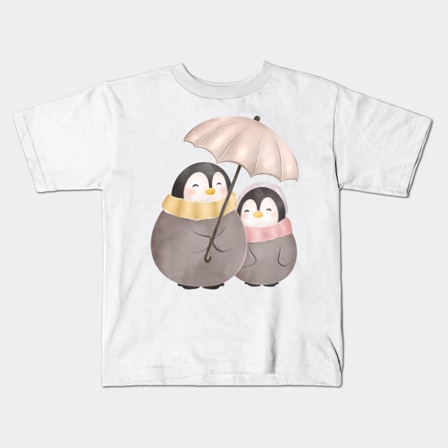 Cute umbrella penguins Kids T-Shirt by Catarinabookdesigns